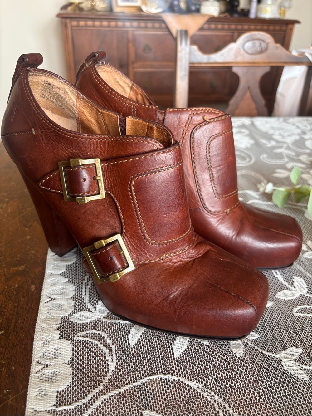 Frye Women’s Leather Ankle Booties with Buckle Detail - Brown, Size 10M
